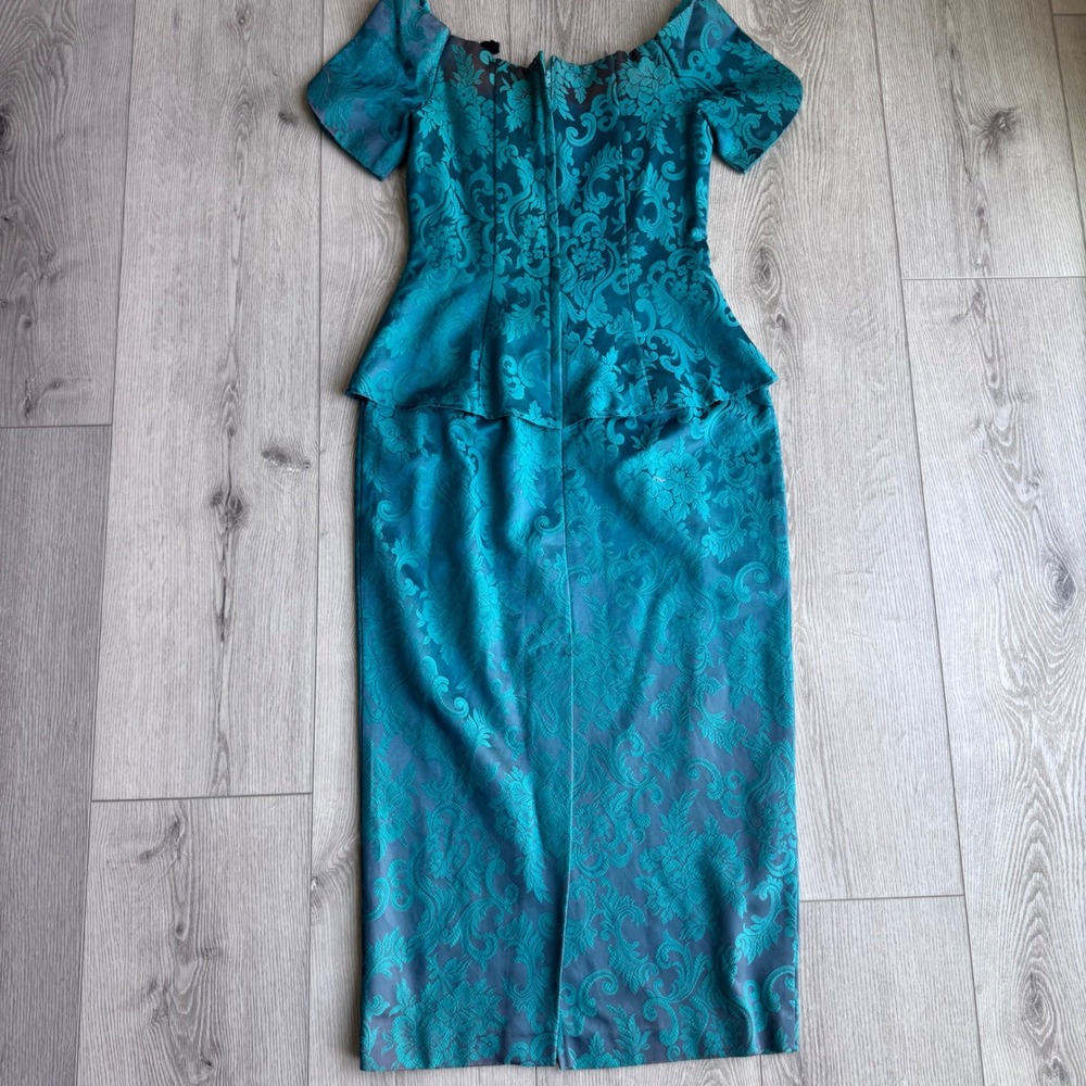 Vintage 80s Scott McClintock Dress Womens 8 Teal Jacquard Peplum Made USA